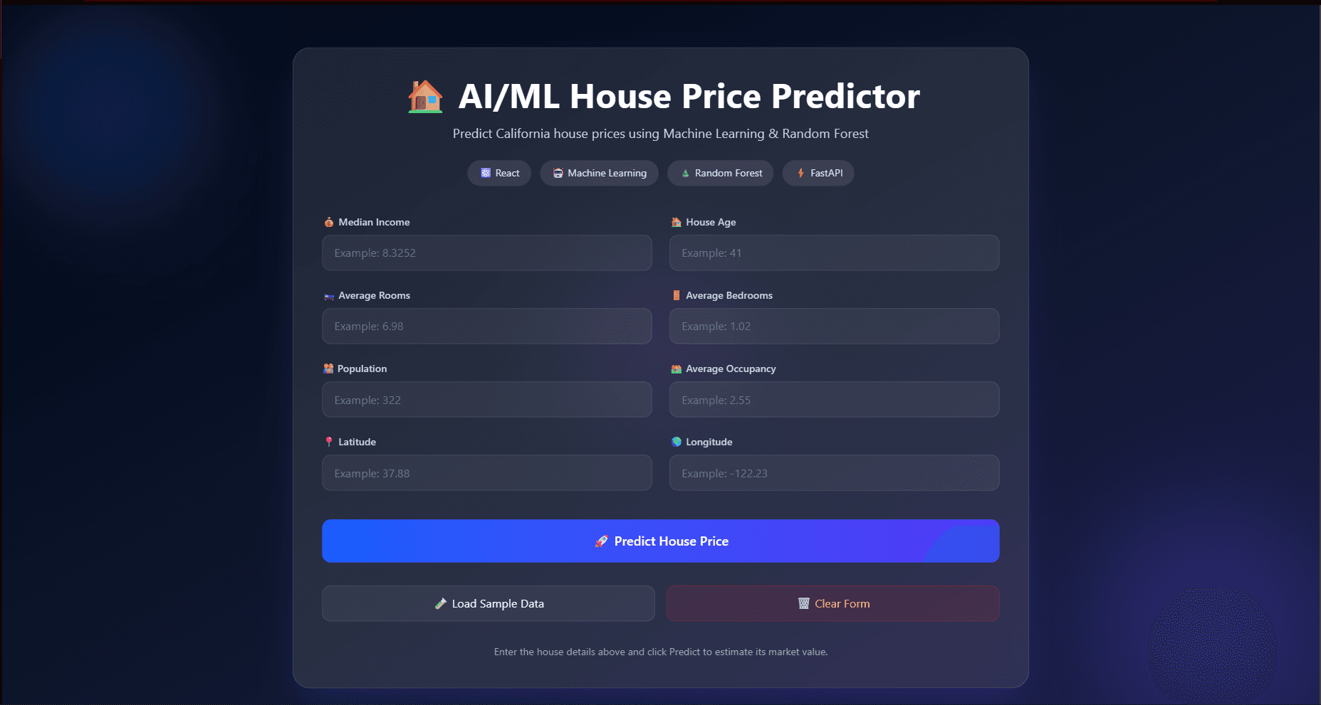 AI House Price Estimator — 8-Dimensional feature space normalized via StandardScaler.